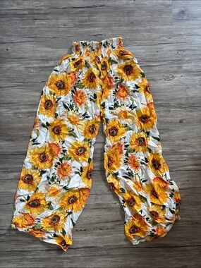 Wide Leg Sunflower Print Women's Pants - White & Yellow